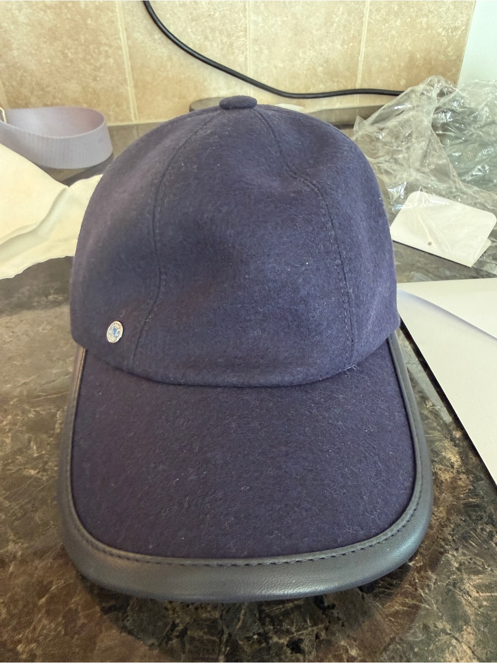 Hermes Navy Wool Cap with Leather-Trim Brim